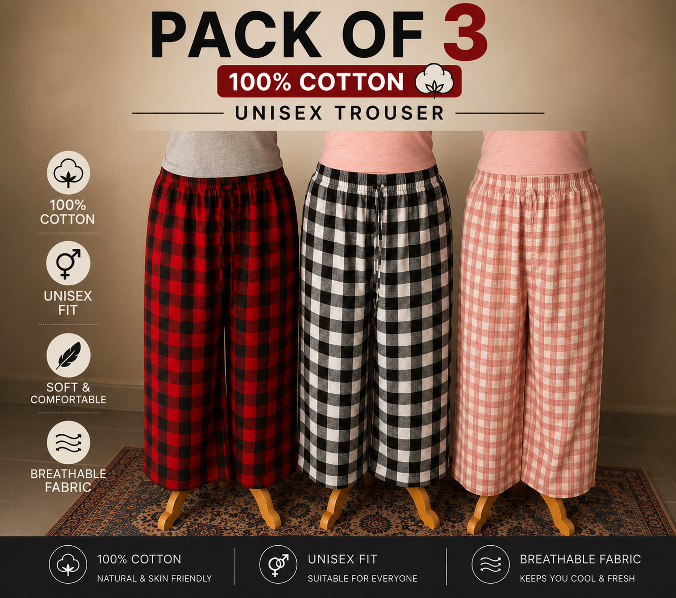 Premium 100% Cotton Checkered Unisex Trousers