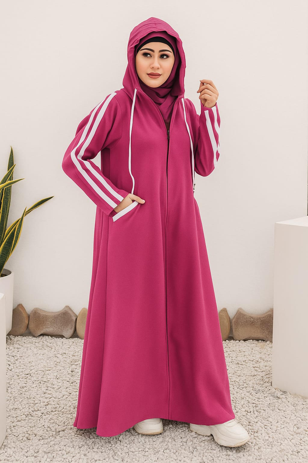 "Premium Women’s Hoodie Abaya – Double Fleece, Front Zipper"