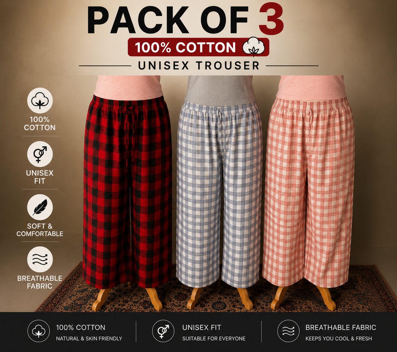 Premium 100% Cotton Checkered Unisex Trousers