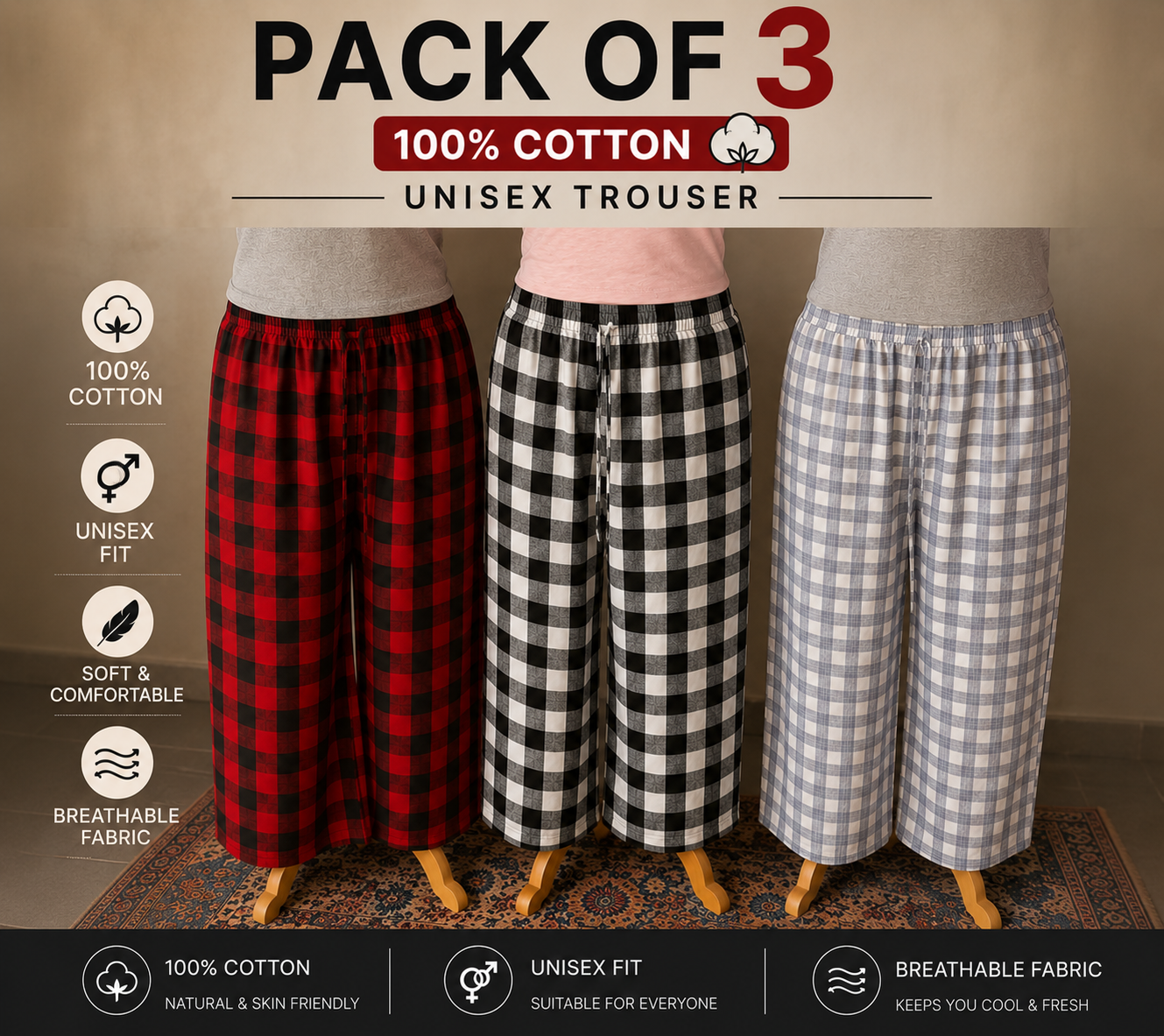 Premium 100% Cotton Checkered Unisex Trousers