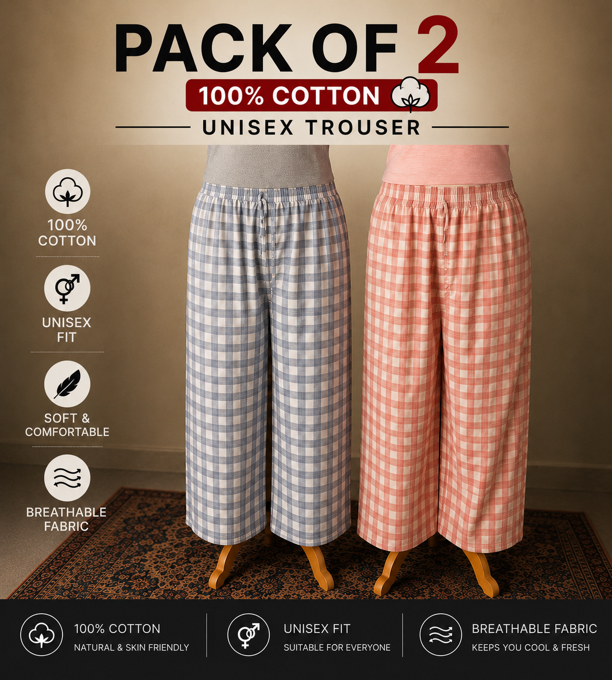 Premium 100% Cotton Checkered Unisex Trousers