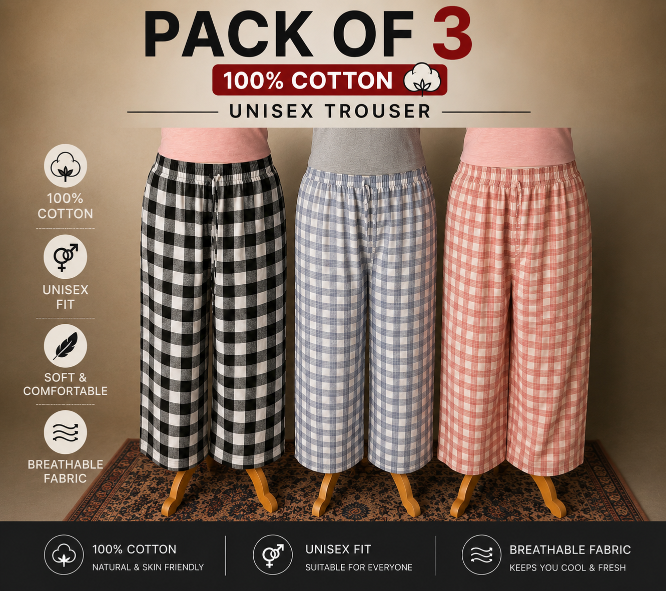Premium 100% Cotton Checkered Unisex Trousers
