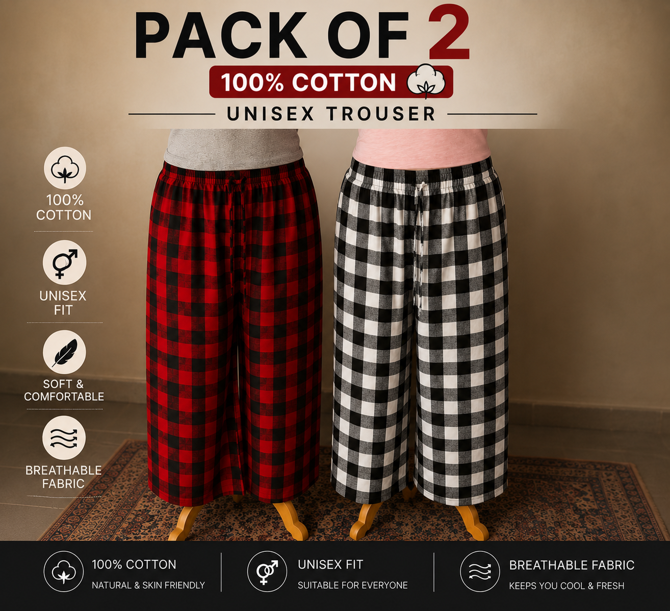 Premium 100% Cotton Checkered Unisex Trousers